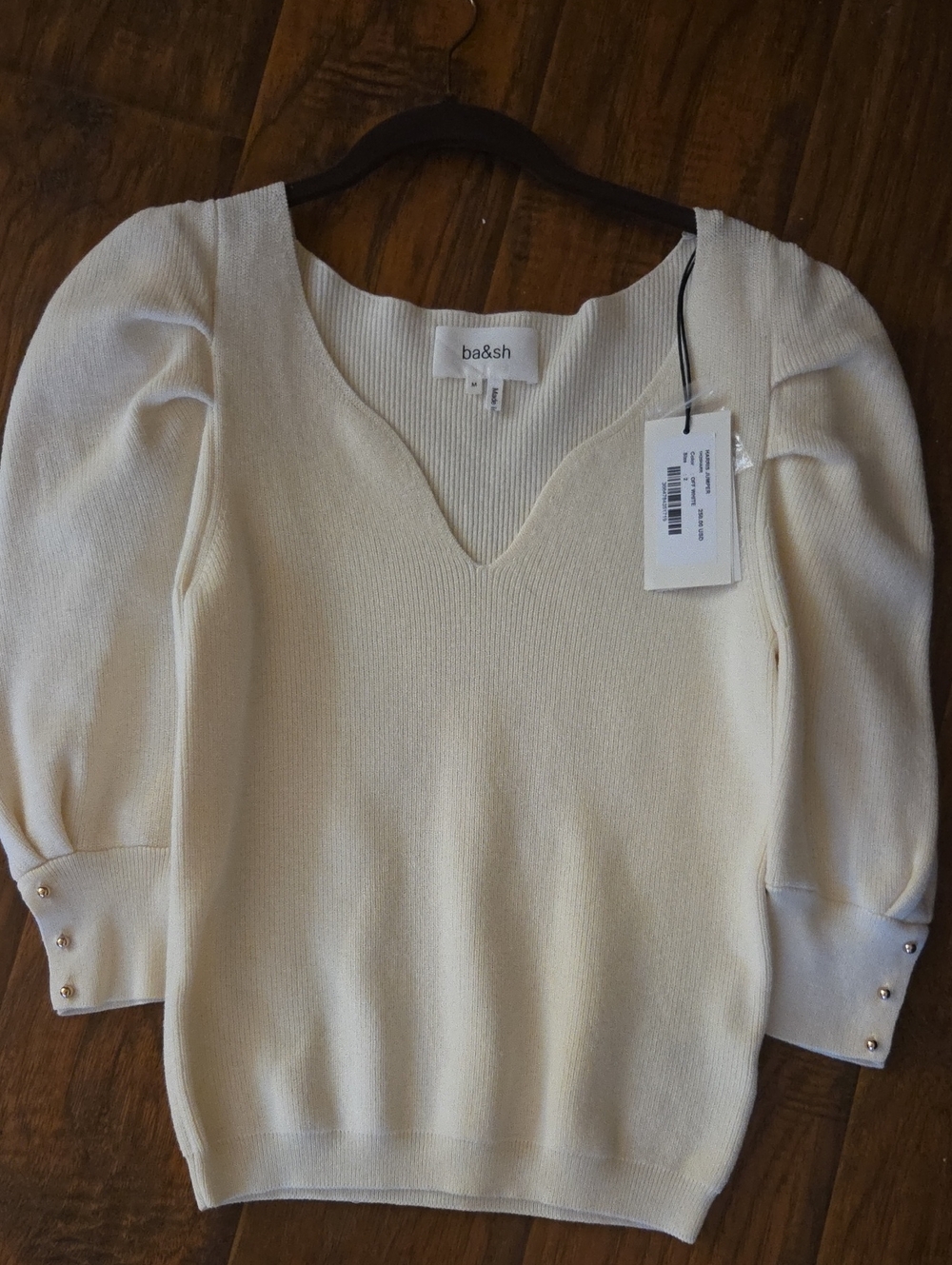 ba&sh Cream Notch-Neck Puff-Sleeve Knit Sweater